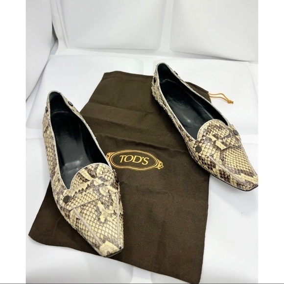 TOD'S Womens Sz 7 Brown Snakeskin Leather Loafer Square Toe w/ Dustbag - Picture 5 of 11